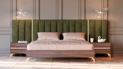 Nova Domus Calabria Modern Walnut & Green Velvet Bed & Nightstands