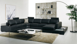 Divani Casa T35 - Modern Black Bonded Leather U Shaped Sectional Sofa with Light + End Table