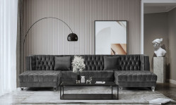 Divani Casa Ivar - Modern Grey Velvet U Shaped Sectional Sofa