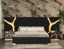 Modrest Aspen - Eastern King Modern Black + Gold Bed + Nightstands