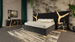 Modrest Aspen - Eastern King Glam Black Velvet & Gold Bed