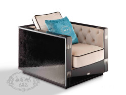 A&X Bellagio Transitional Black Crocodile and Beige Fabric Lounge Chair