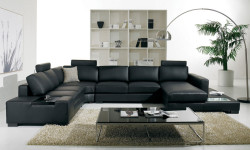 Divani Casa T35 - Modern Black Leather U Shaped Sectional Sofa with Light + End Table
