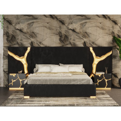 Modrest Aspen - Eastern King Modern Black + Gold Bed + Nightstands