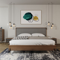 Nova Domus Metcalf - Mid-Century Walnut & Grey Bed w/ Two Nightstands
