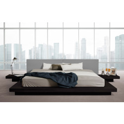 Modrest Opal Modern Low Profile Black Oak and Grey Leatherette Platform Bed