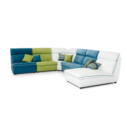 David Ferrari Spritz - Italian Modern White Leather + Blue + Green Fabric U Shaped Sectional Sofa