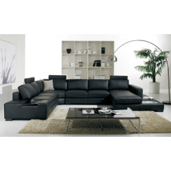 Divani Casa T35 - Modern Black Leather U Shaped Sectional Sofa with Light + End Table