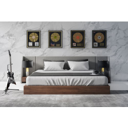 Nova Domus Janice - Modern Grey Fabric and Walnut Bed and Nightstands
