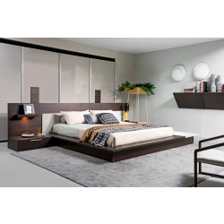 Modrest Torino Contemporary Brown Oak & Grey Platform Bed w/ Lights