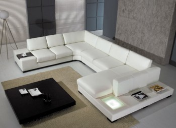 Divani Casa T35 - Modern White Leather U Shaped Sectional Sofa with Light + End Table
